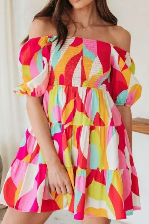 Smocked Printed Puff Sleeve Mini Dress