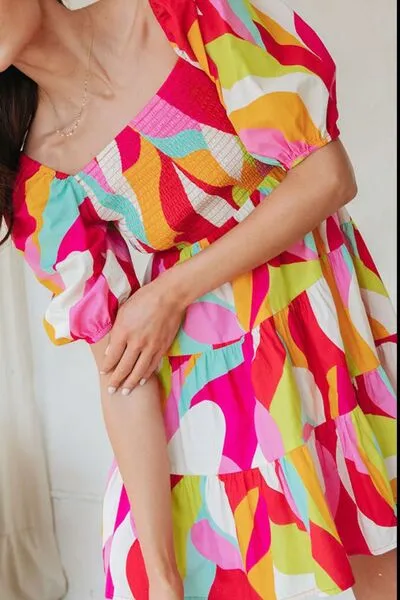 Smocked Printed Puff Sleeve Mini Dress