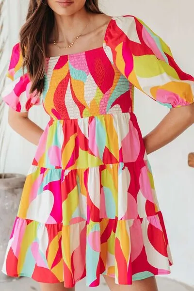 Smocked Printed Puff Sleeve Mini Dress