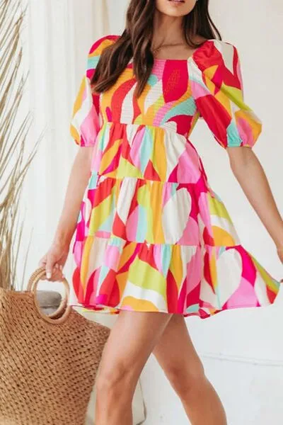 Smocked Printed Puff Sleeve Mini Dress