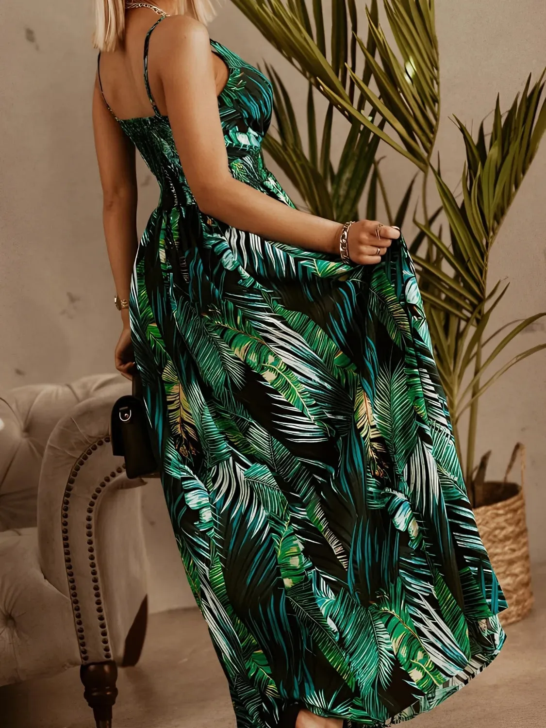 Smocked Printed Surplice Maxi Cami Dress