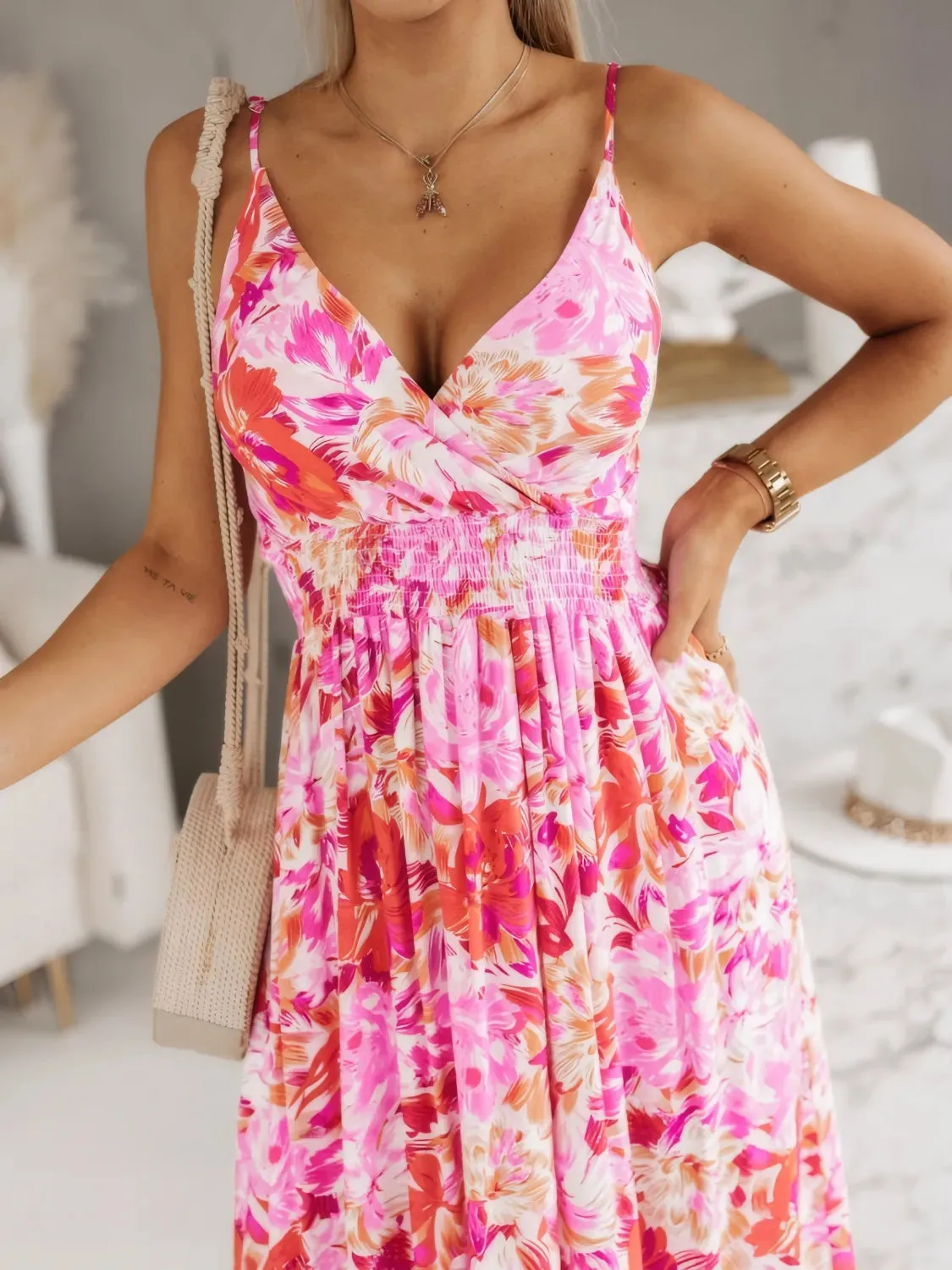 Smocked Printed Surplice Maxi Cami Dress