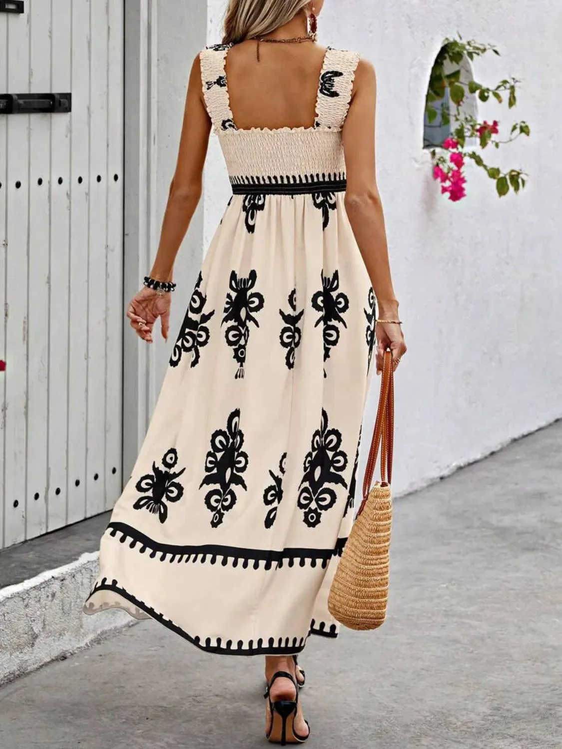 Smocked Printed Wide Strap Maxi Dress