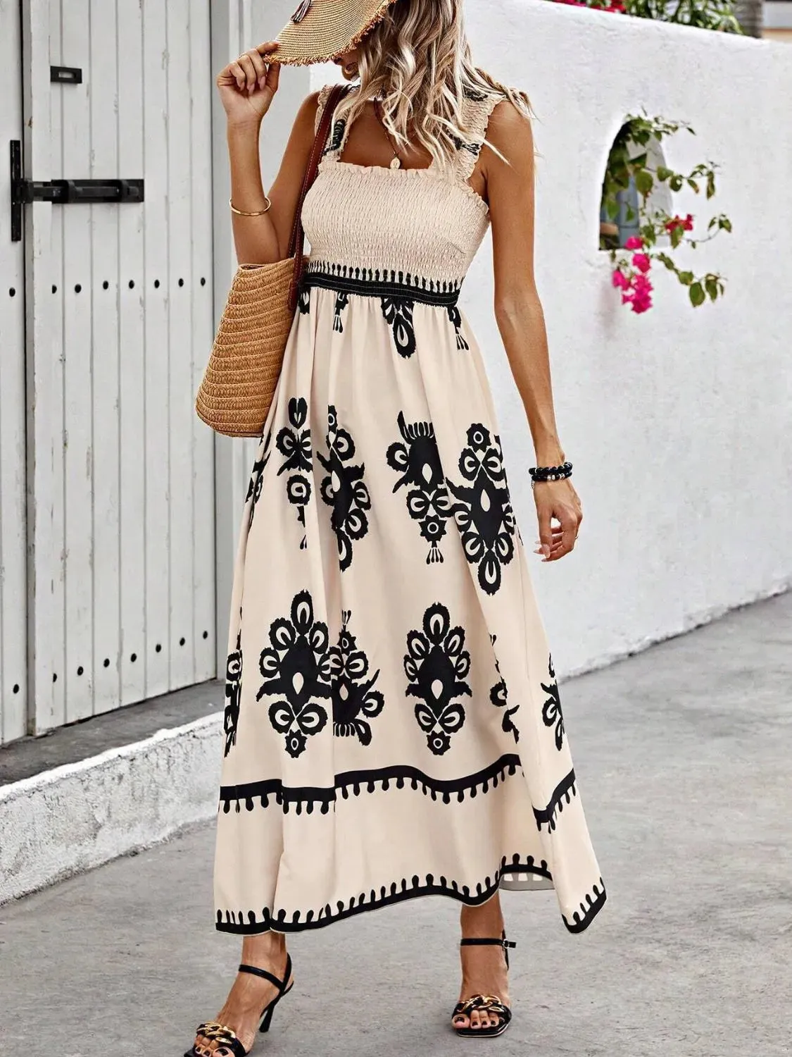 Smocked Printed Wide Strap Maxi Dress