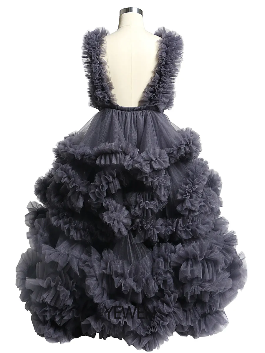 Soft Tulle Ruffles V Neck First Communion Dresses for Girls Flower Girl Dresses Princess Party Dress Photo shooting Dress YW220920