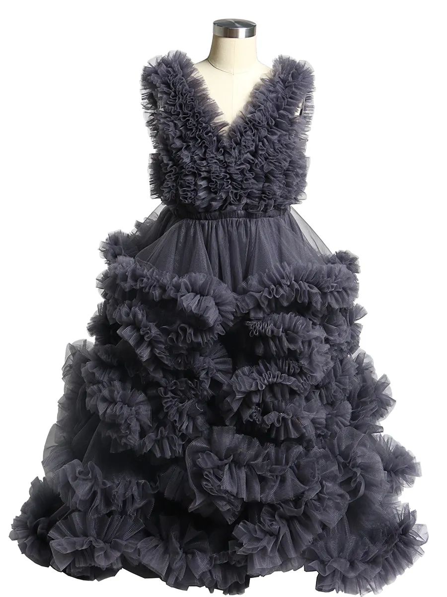 Soft Tulle Ruffles V Neck First Communion Dresses for Girls Flower Girl Dresses Princess Party Dress Photo shooting Dress YW220920