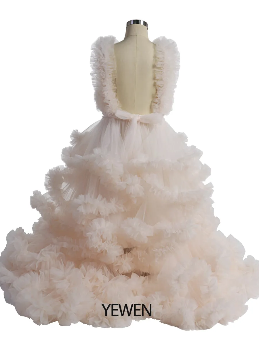 Soft Tulle Ruffles V Neck First Communion Dresses for Girls Flower Girl Dresses Princess Party Dress Photo shooting Dress YW220920