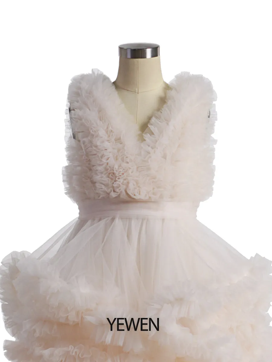 Soft Tulle Ruffles V Neck First Communion Dresses for Girls Flower Girl Dresses Princess Party Dress Photo shooting Dress YW220920