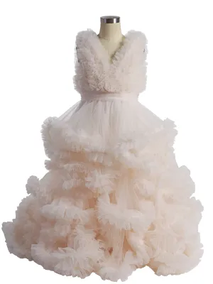 Soft Tulle Ruffles V Neck First Communion Dresses for Girls Flower Girl Dresses Princess Party Dress Photo shooting Dress YW220920
