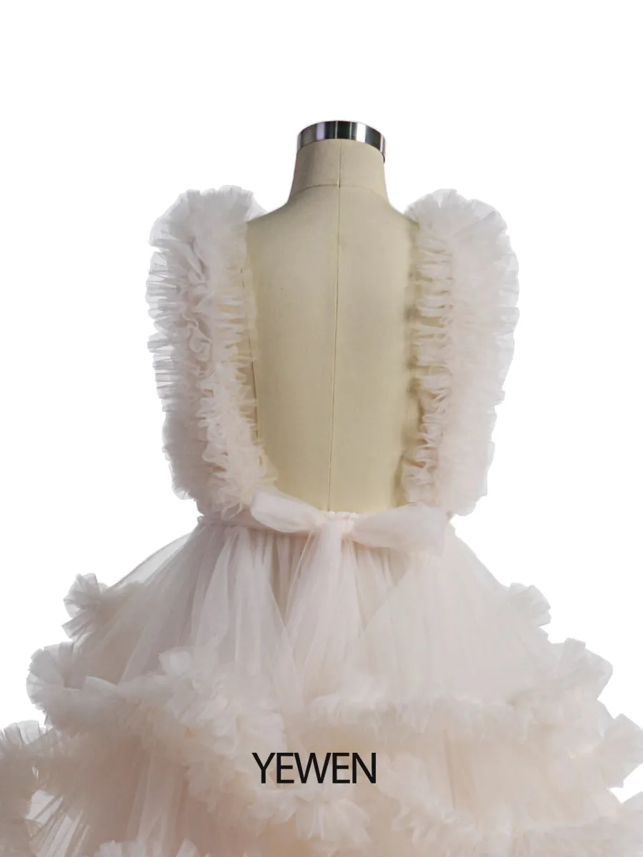 Soft Tulle Ruffles V Neck First Communion Dresses for Girls Flower Girl Dresses Princess Party Dress Photo shooting Dress YW220920