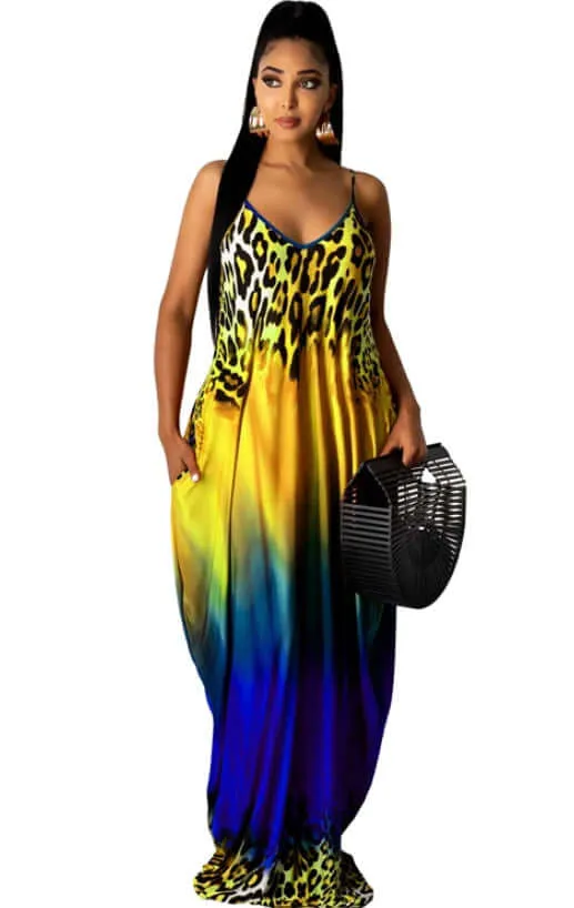 Spaghetti Strap Boho Gradient Leopard Print Sundress with Pocket