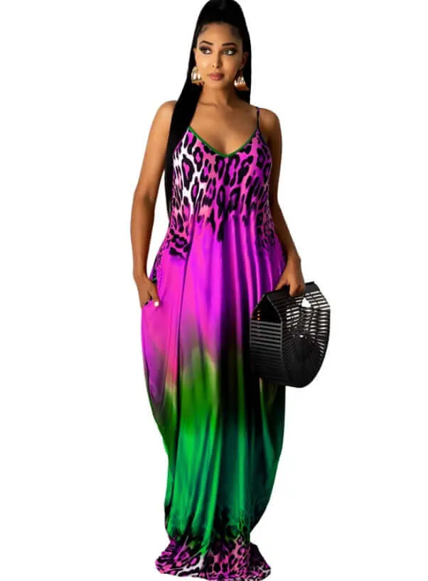 Spaghetti Strap Boho Gradient Leopard Print Sundress with Pocket