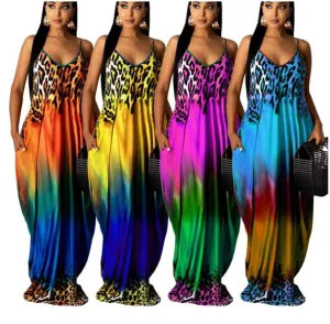 Spaghetti Strap Boho Gradient Leopard Print Sundress with Pocket