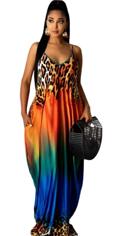 Spaghetti Strap Boho Gradient Leopard Print Sundress with Pocket