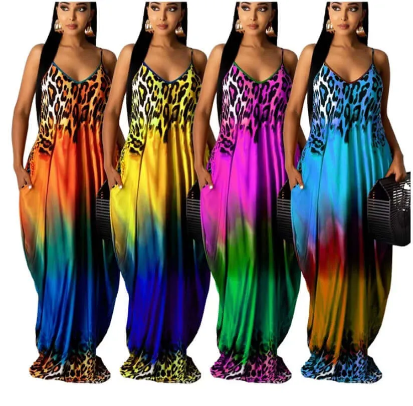 Spaghetti Strap Boho Gradient Leopard Print Sundress with Pocket