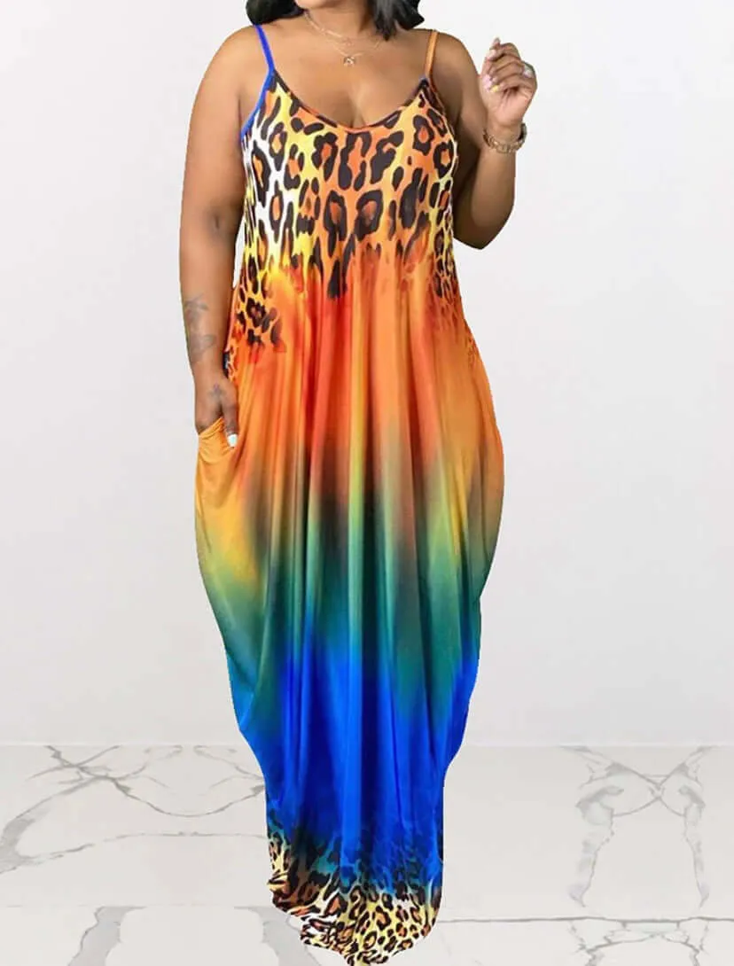 Spaghetti Strap Boho Gradient Leopard Print Sundress with Pocket