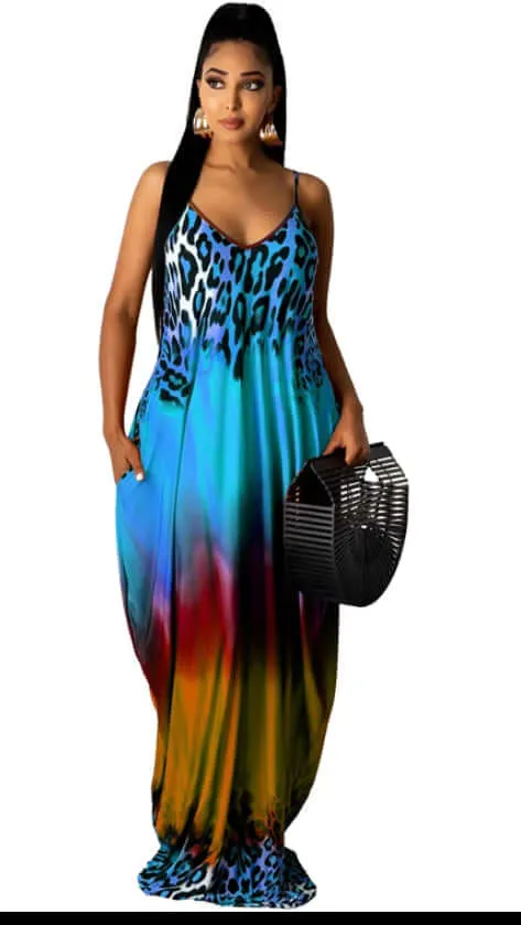 Spaghetti Strap Boho Gradient Leopard Print Sundress with Pocket