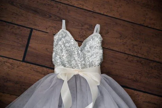 Spaghetti Straps Silver Sequin Tulle Flower Girl Dress,Tutu Flower Girl Dresses,FGY0182