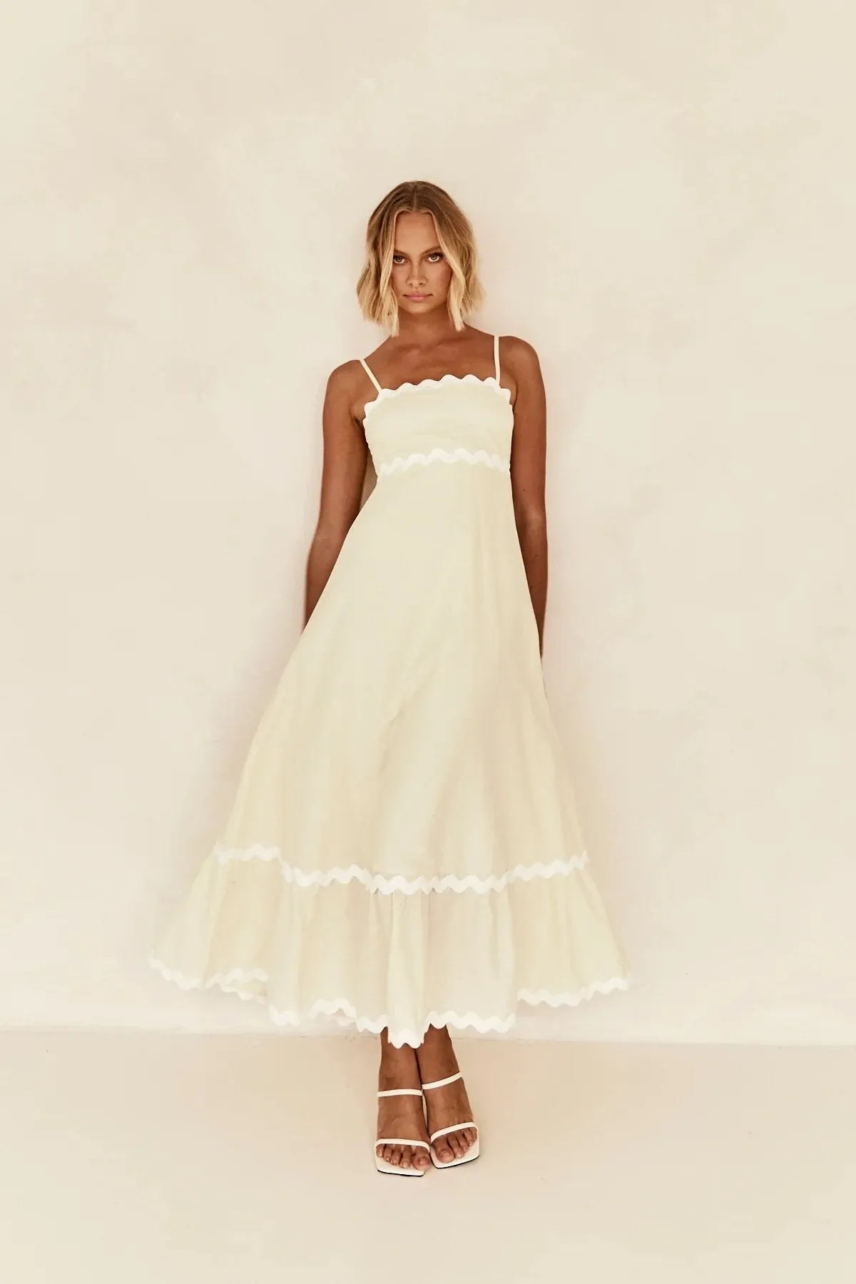 Spaghetti Straps Sleeveless Smocked Rickrack Trim Boho Flowy Loose A-Line Midi Dress