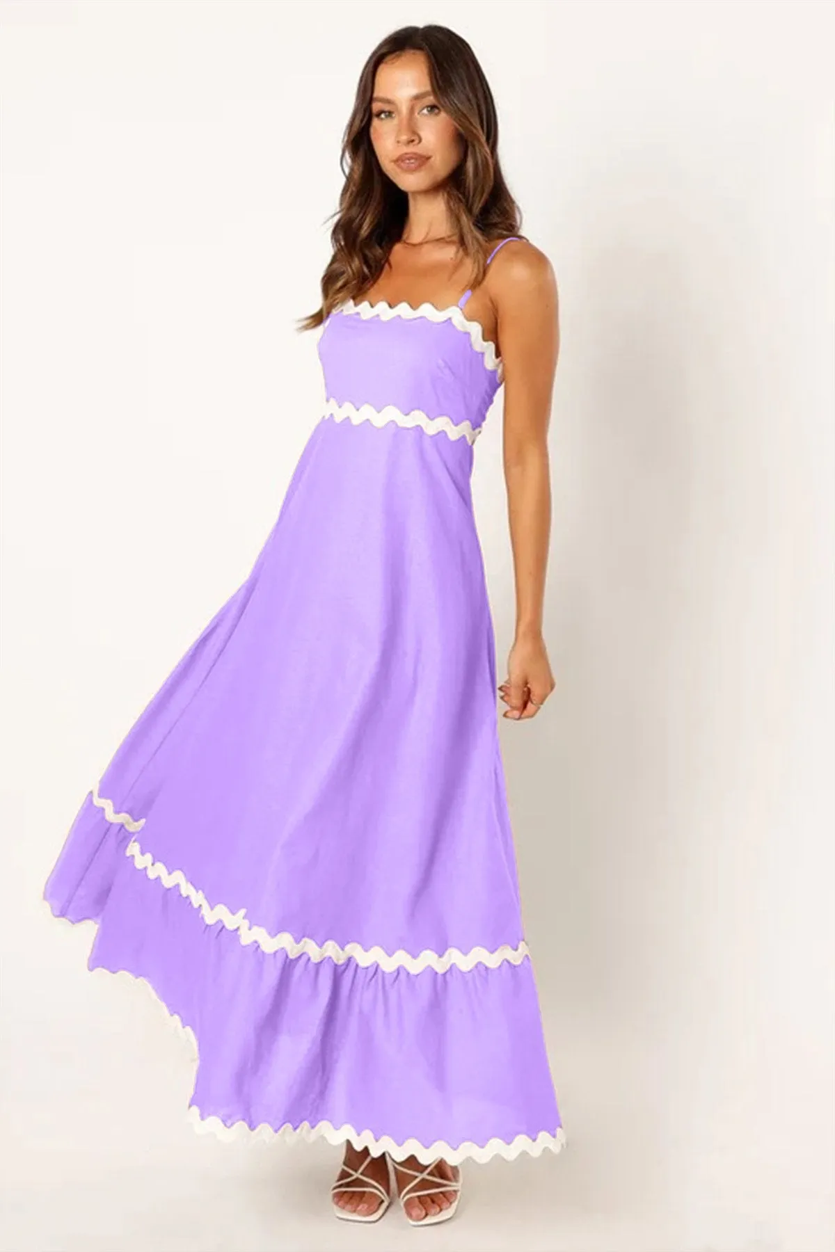 Spaghetti Straps Sleeveless Smocked Rickrack Trim Boho Flowy Loose A-Line Midi Dress
