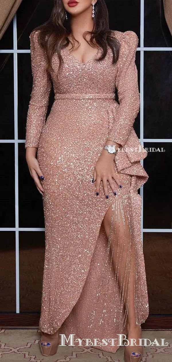 Sparkly Rose Gold Sequin V-neck Long Sleeves Side Slit Long Cheap Prom Dresses, PDS0068