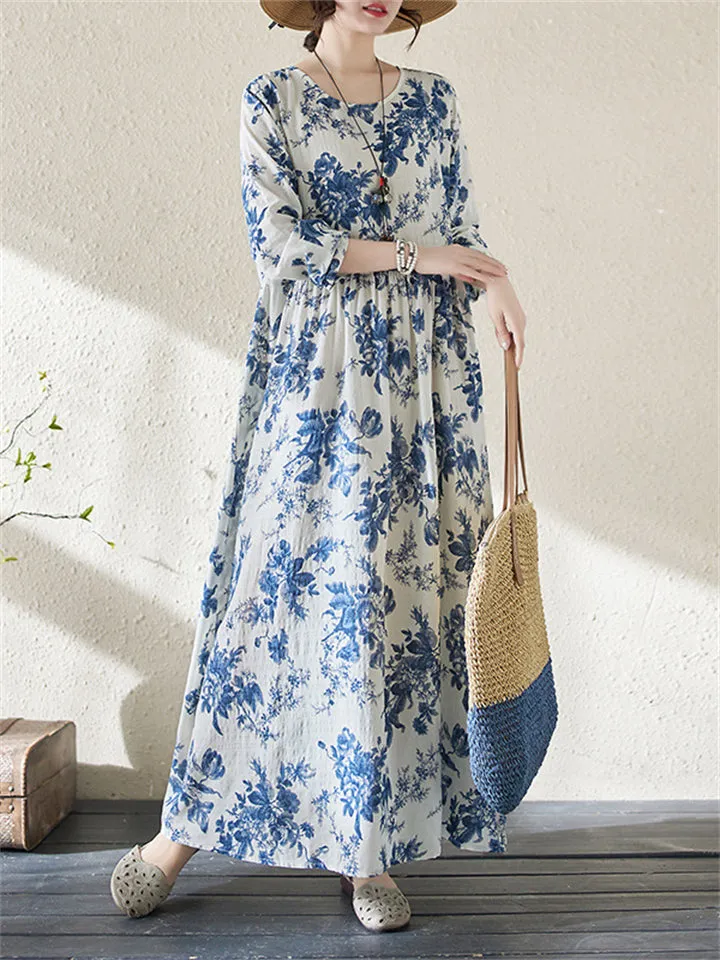 Spring Blue Floral Vacation Long Dress for Women