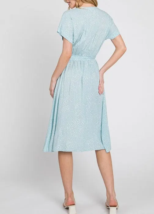 Stardew Button Down Print Dress with Belt in Mint