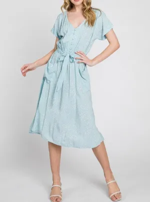 Stardew Button Down Print Dress with Belt in Mint