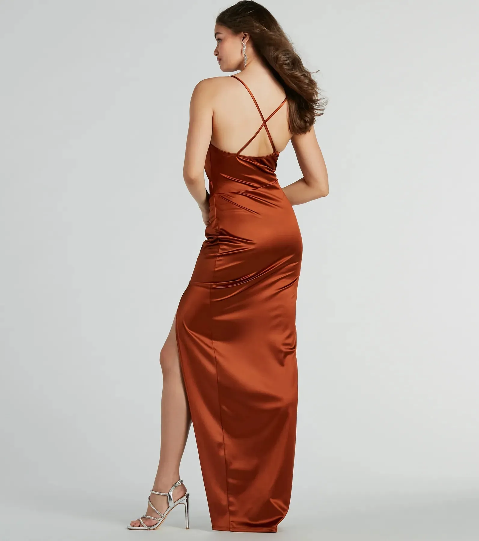 Stella Satin Cowl Neck High Slit Formal Dress