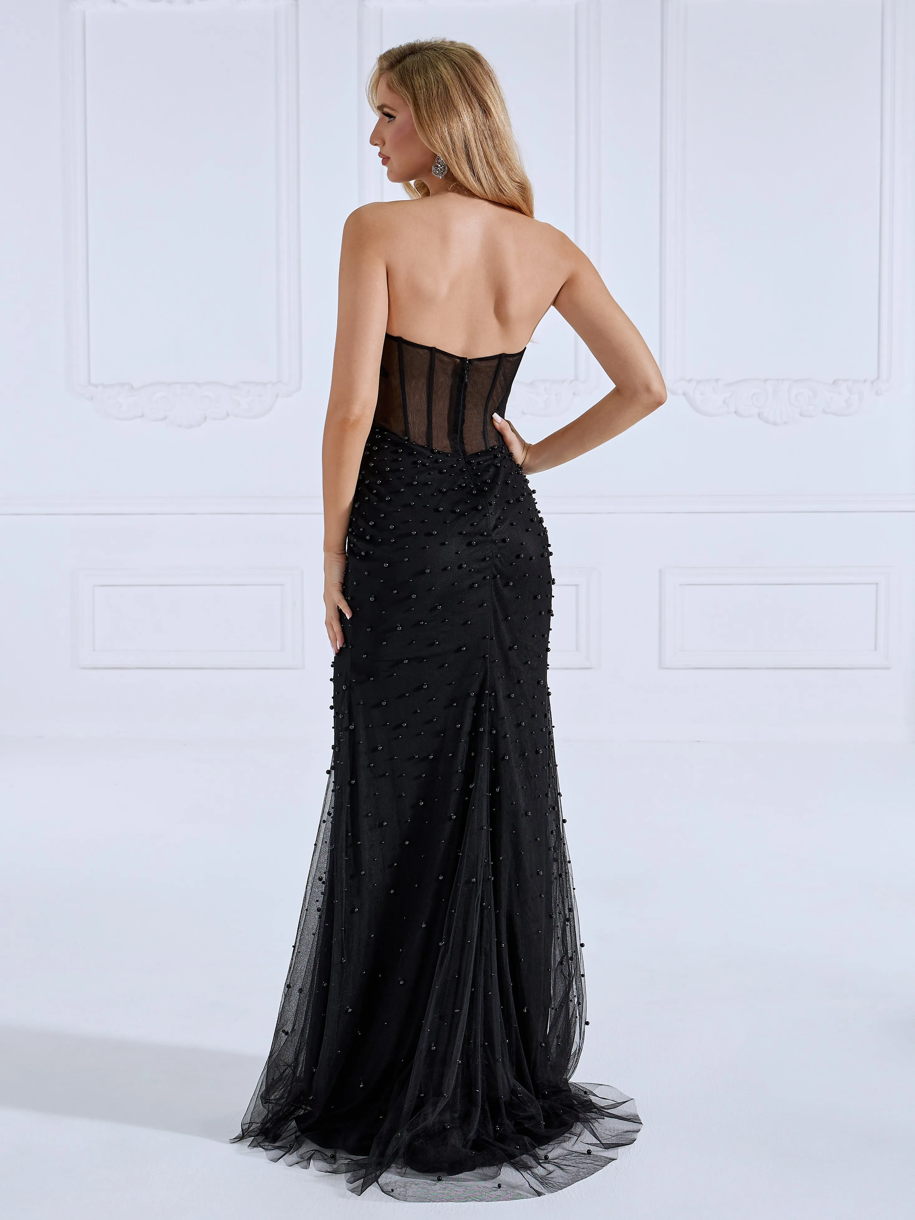 Strapless  Long Sweetheart Pearls Prom Dress with Detachable Sleeves #22835