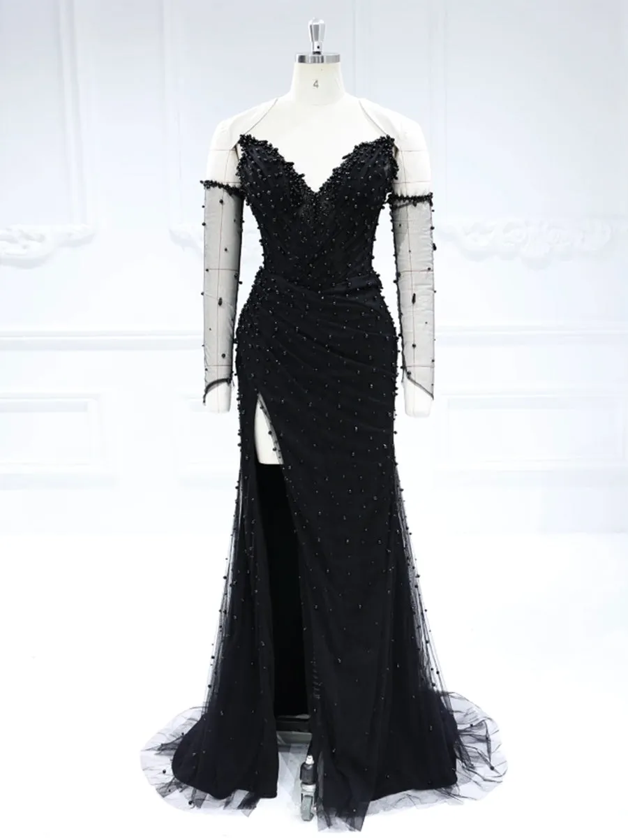 Strapless  Long Sweetheart Pearls Prom Dress with Detachable Sleeves #22835
