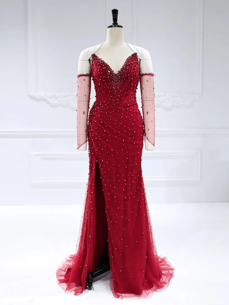 Strapless  Long Sweetheart Pearls Prom Dress with Detachable Sleeves #22835