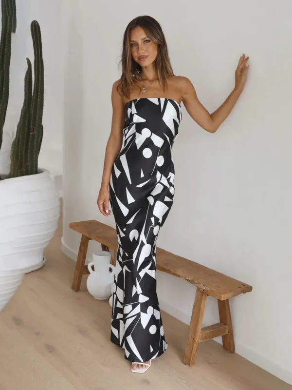 Strapless Maxi Dress with Geometric Print and Form-Fitting Design