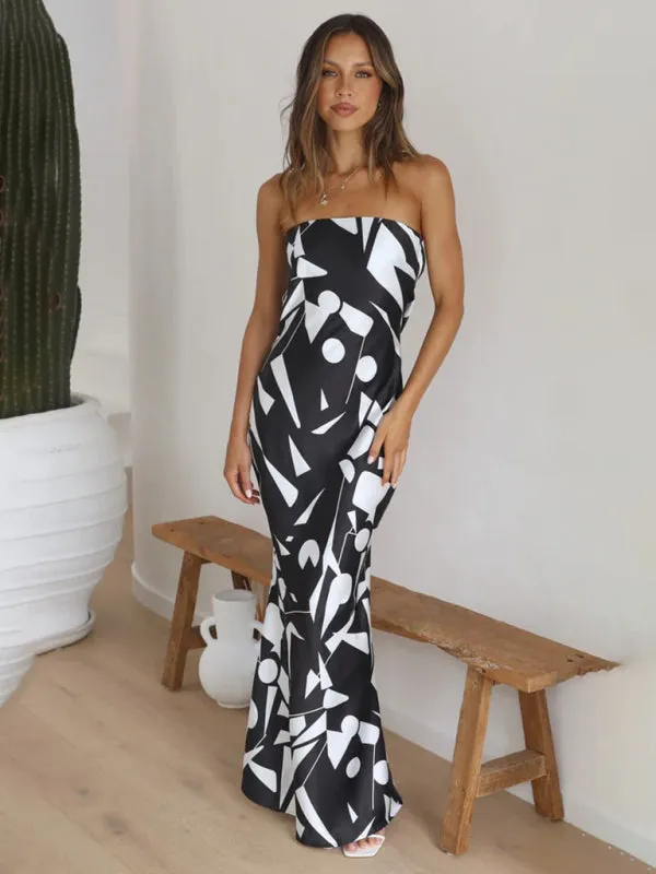 Strapless Maxi Dress with Geometric Print and Form-Fitting Design