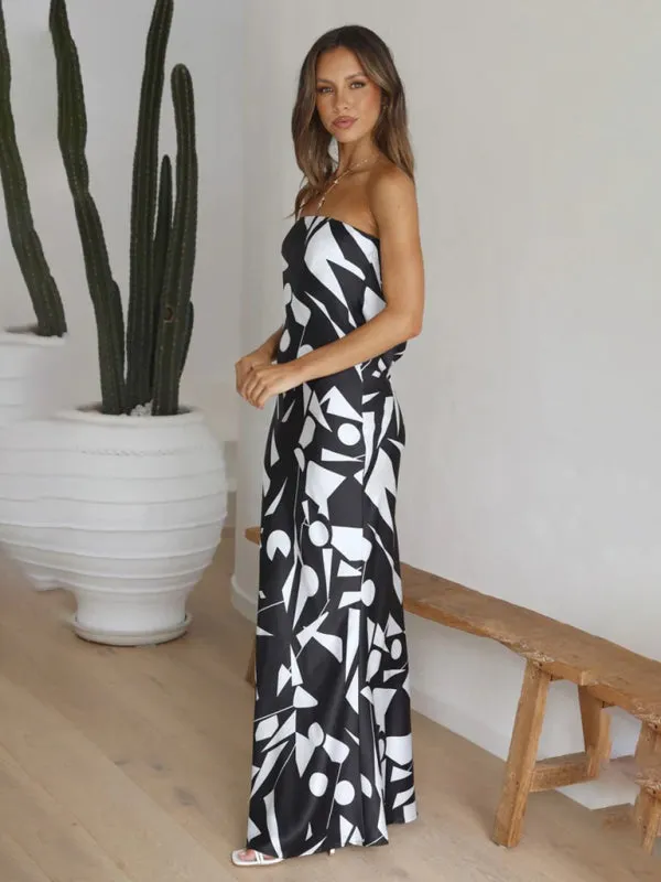 Strapless Maxi Dress with Geometric Print and Form-Fitting Design