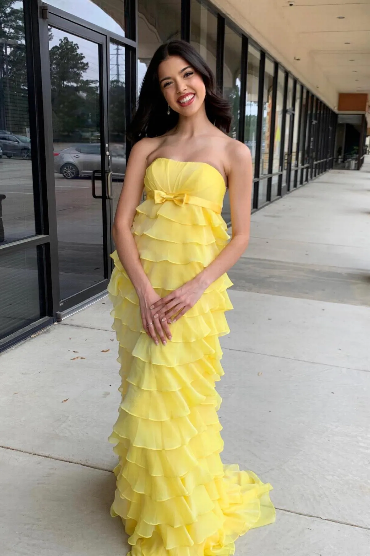 Strapless Yellow Chiffon Tiered Ruffles Long Party Dress