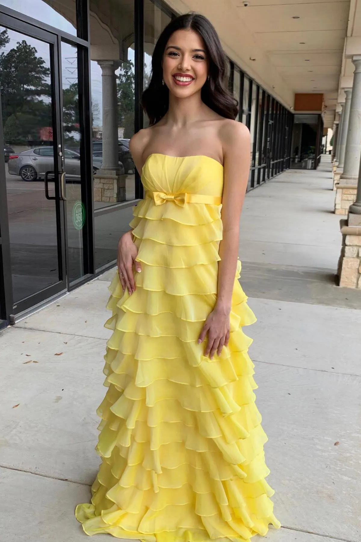 Strapless Yellow Chiffon Tiered Ruffles Long Party Dress
