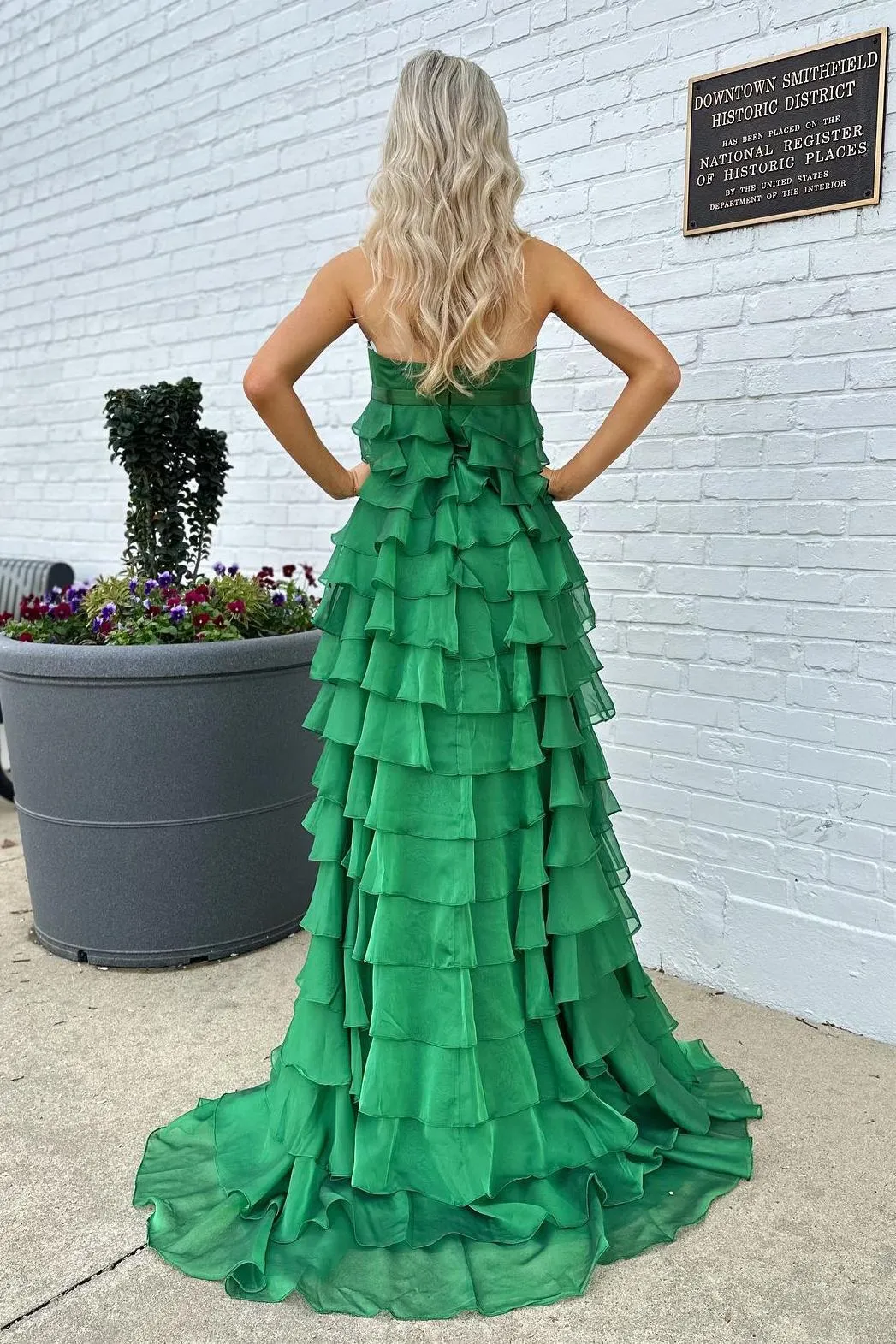 Strapless Yellow Chiffon Tiered Ruffles Long Party Dress