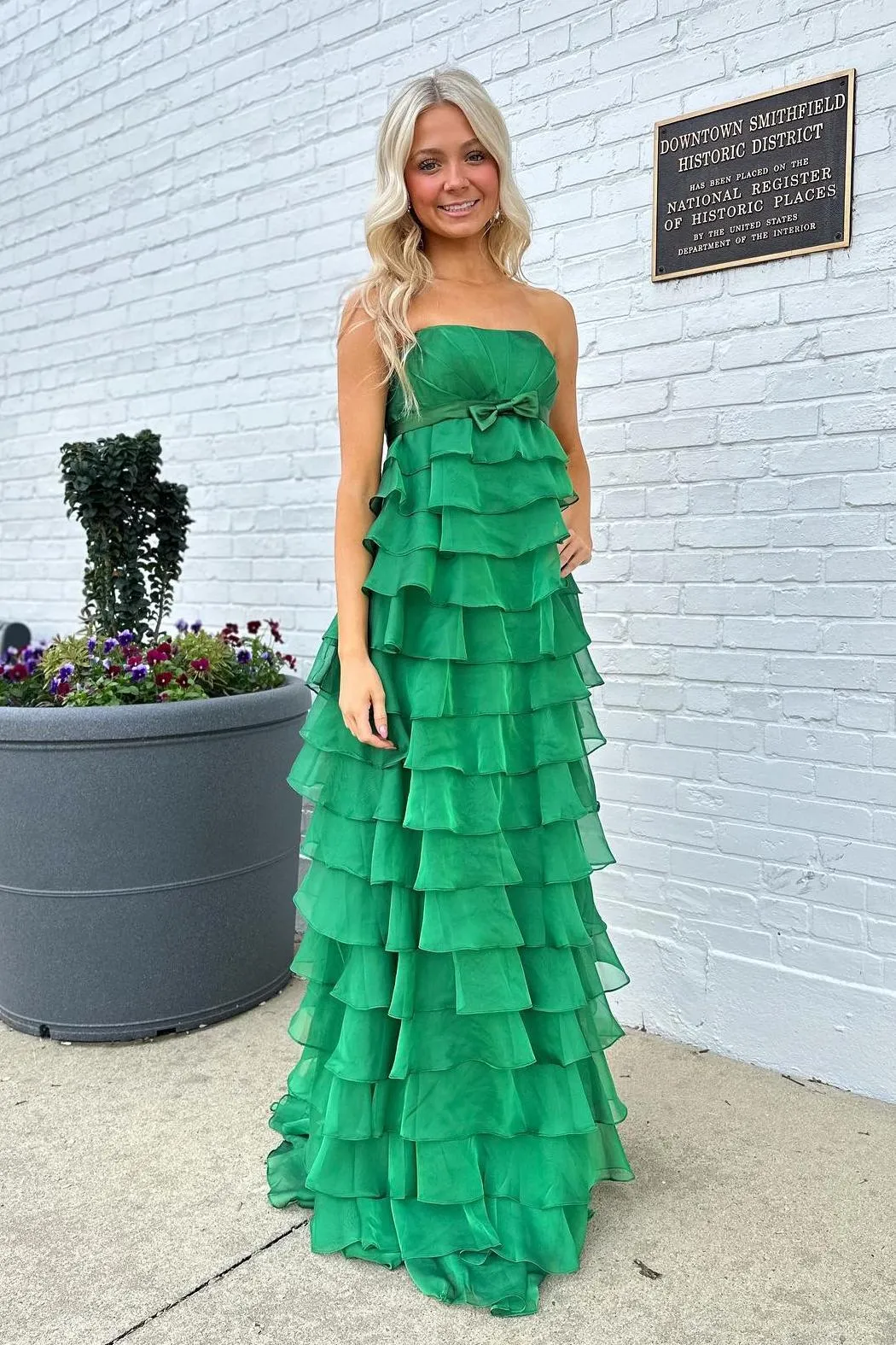 Strapless Yellow Chiffon Tiered Ruffles Long Party Dress