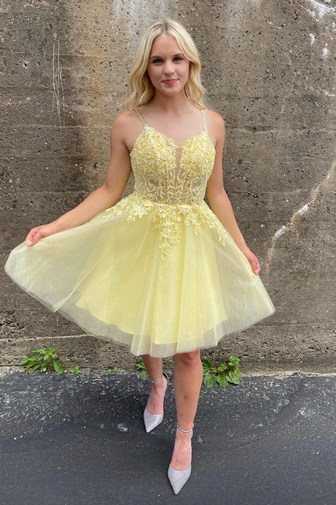 Straps Blue Appliques A-line Short Princess Dress