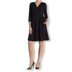 Stretch 3/4 Sleeve Black Women's Wrap Dress