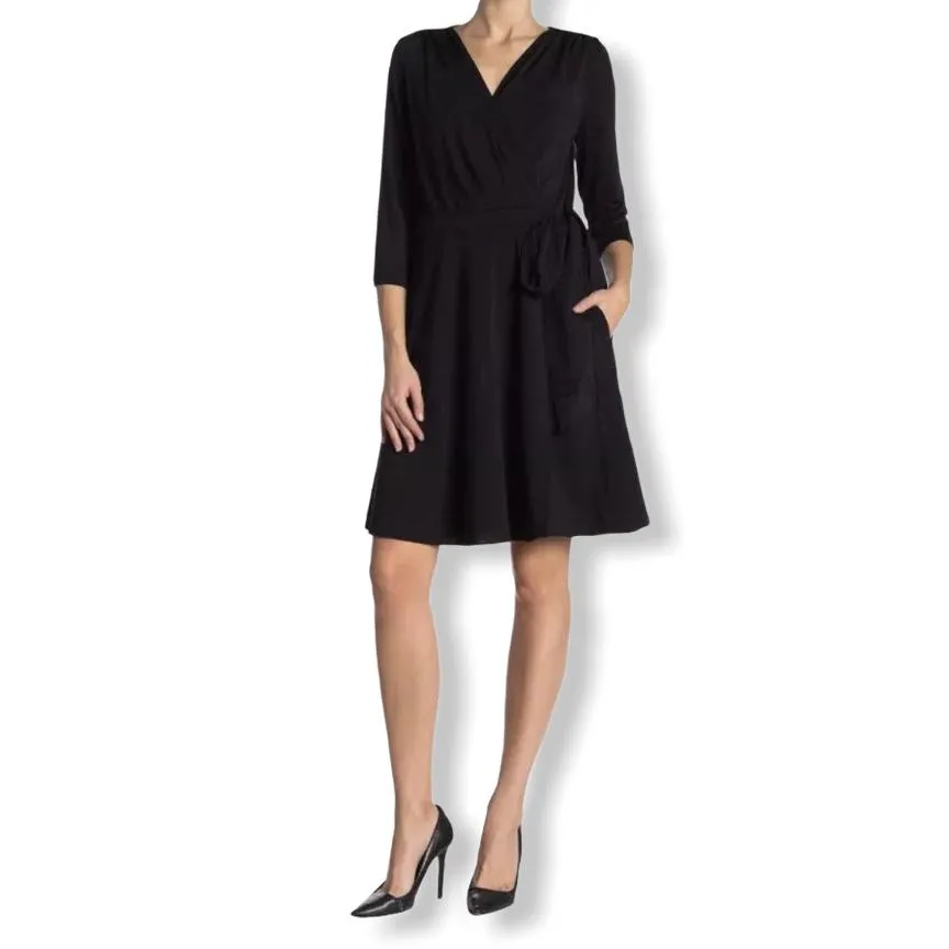 Stretch 3/4 Sleeve Black Women's Wrap Dress