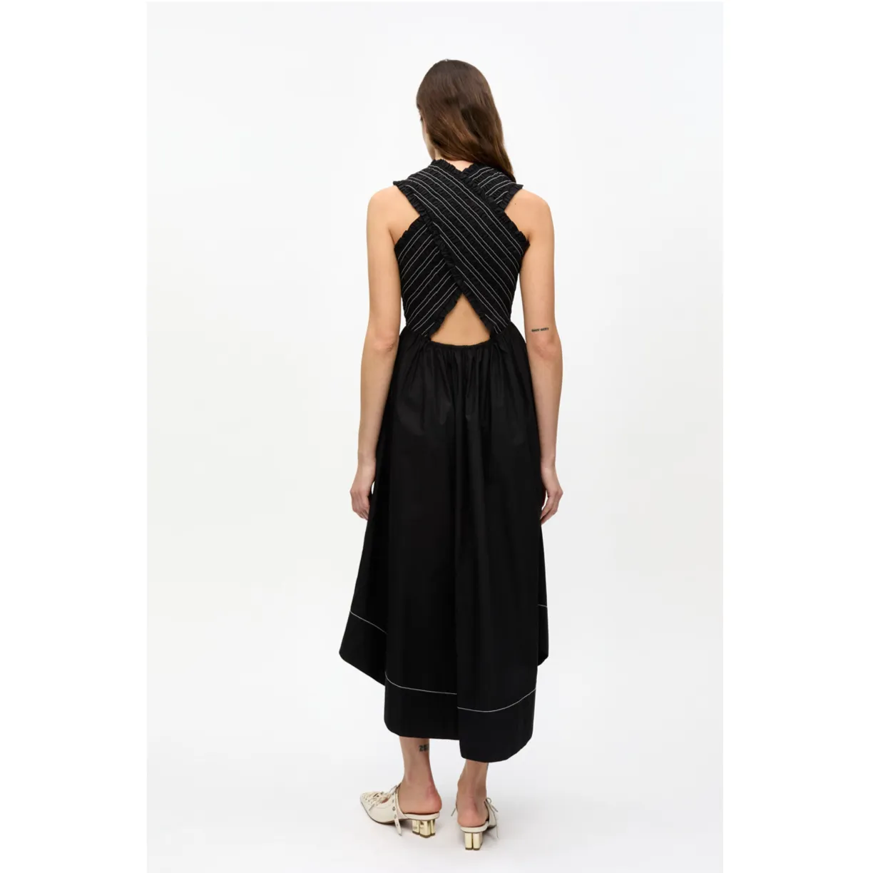 STRETCH COTTON SMOCK MIDI DRESS | BLACK