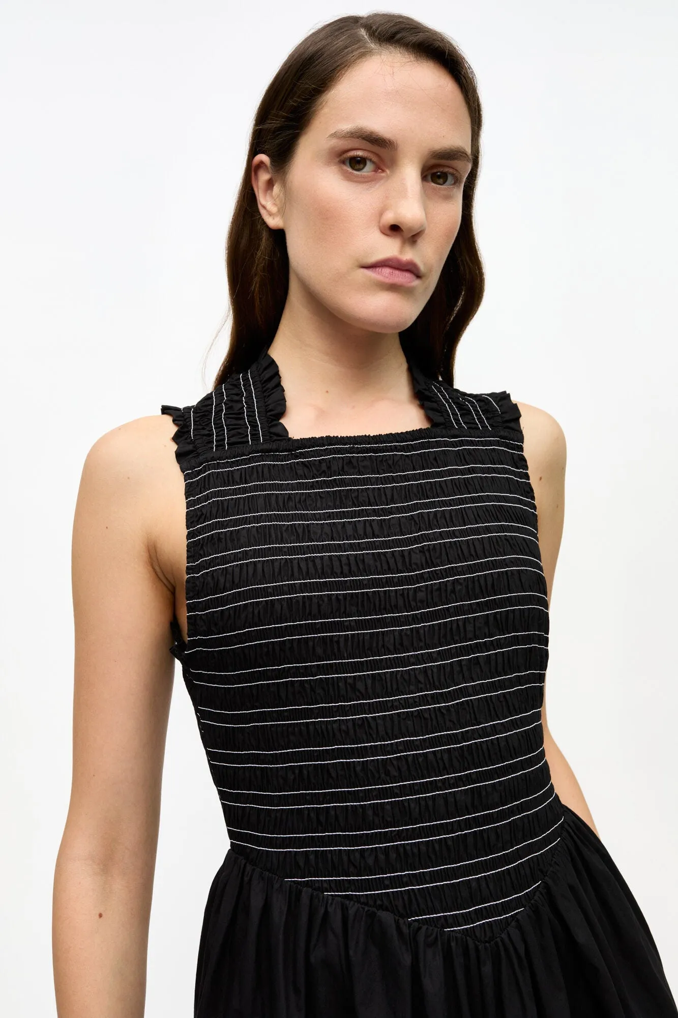 STRETCH COTTON SMOCK MIDI DRESS | BLACK