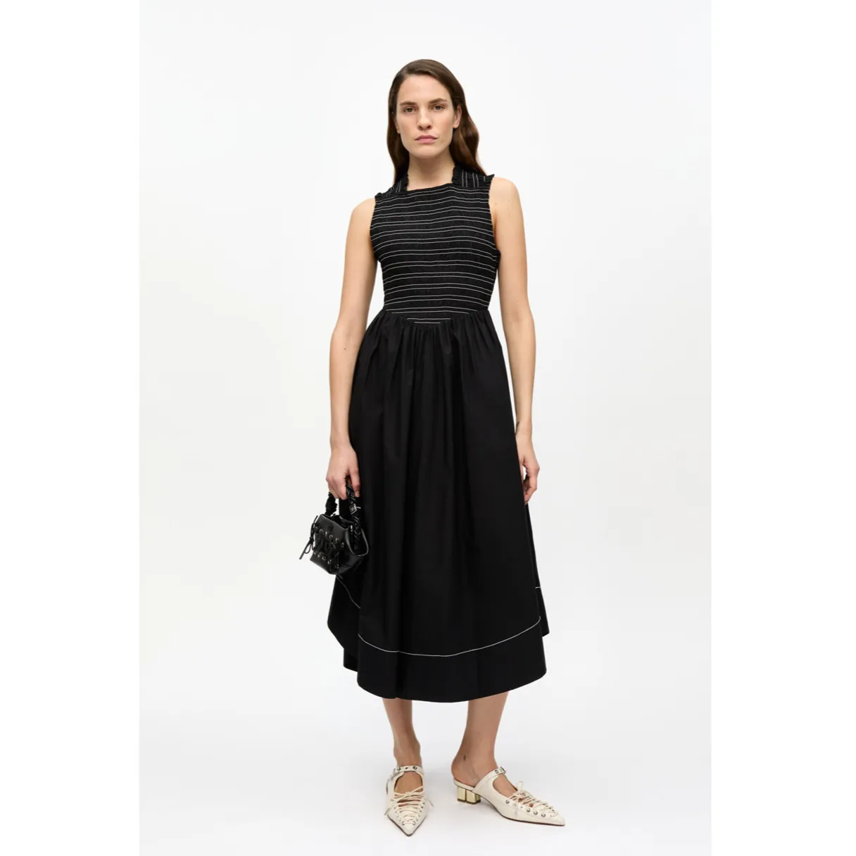STRETCH COTTON SMOCK MIDI DRESS | BLACK