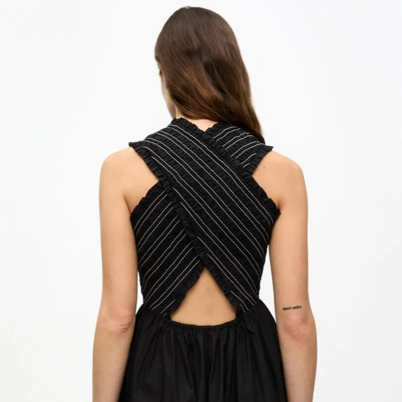 STRETCH COTTON SMOCK MIDI DRESS | BLACK