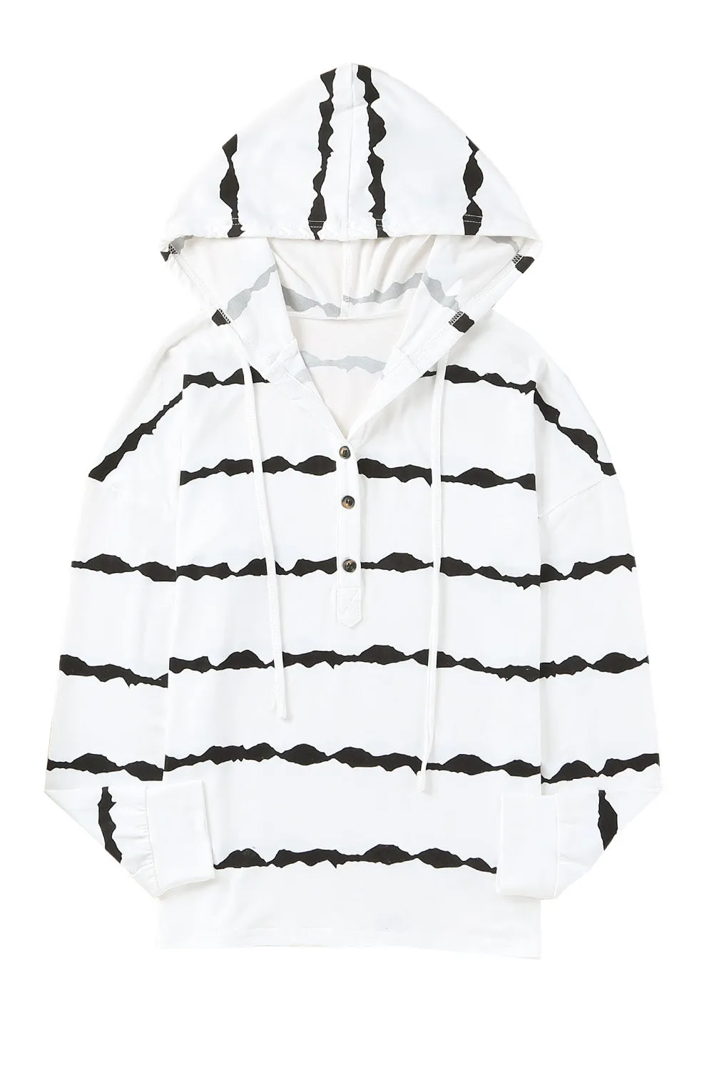 Striped Drawstring Button Long Sleeve Hoodie