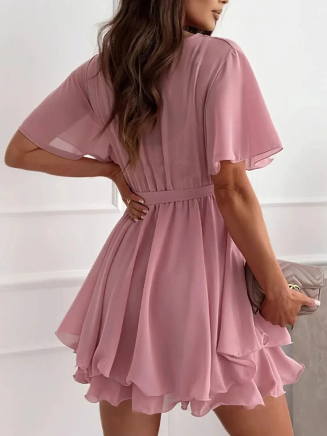 Surplice Flutter Sleeve Mini Dress