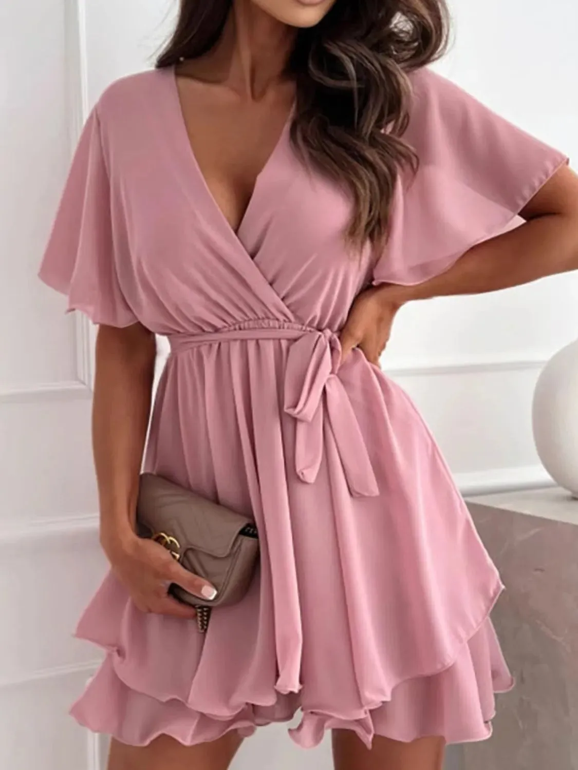 Surplice Flutter Sleeve Mini Dress