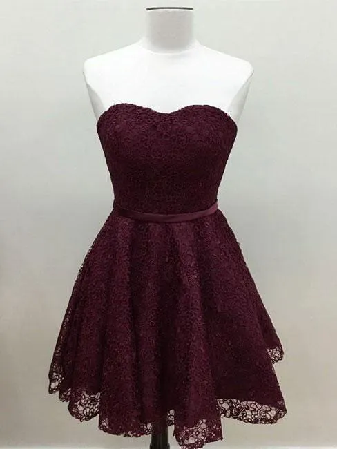 Sweetheart Cute Simpe Maroon Short Lace Homecoming Dresses 2018, BDY0259